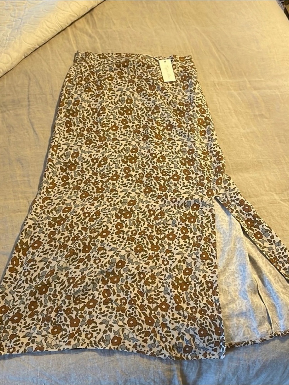 Rylee + Cru Brown and Cream Floral Midi Skirt with Side Slit